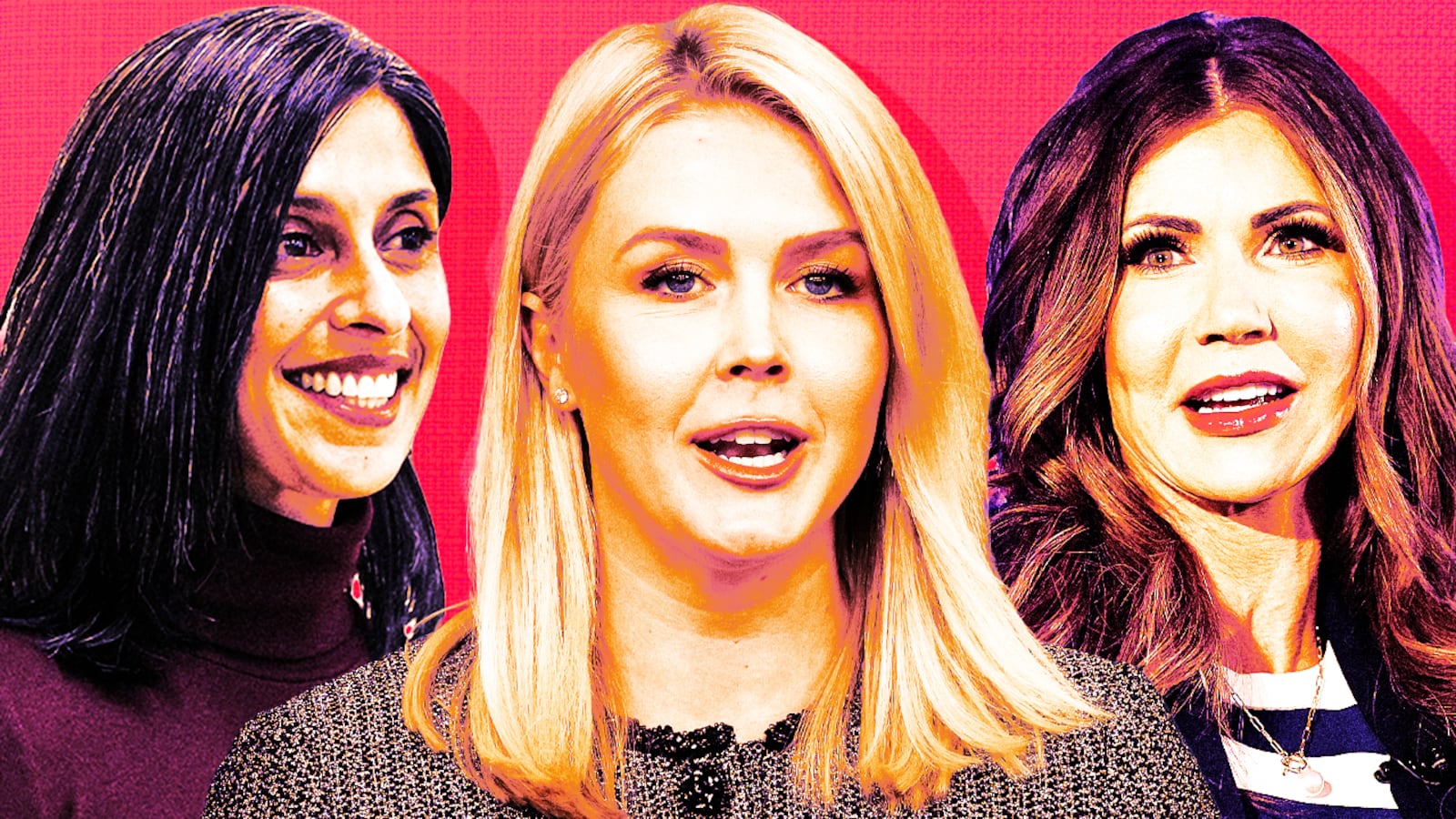 A photo illustration of Usha Vance, Kristi Noem, and Karoline Leavitt.