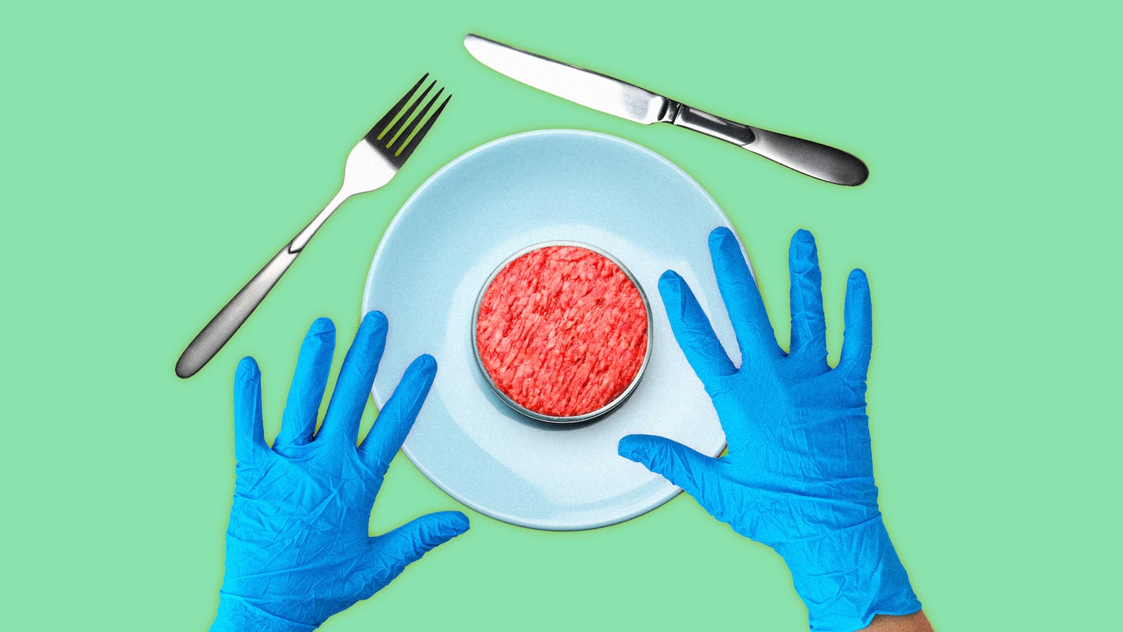 A photo illustration of lab grown meat and hands with latex gloves.