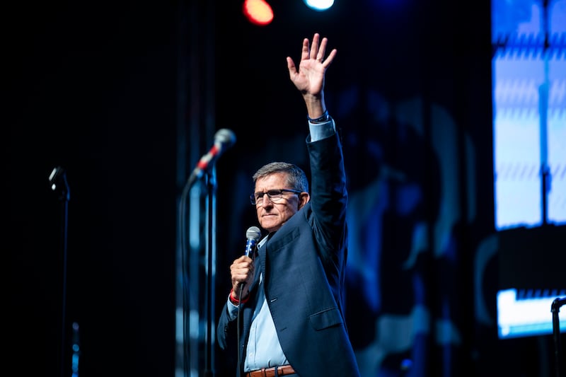 Former Trump National Security Advisor and retired three-star Lt. Gen. Michael Flynn speaks during the ReAwaken America Tour held at the Spooky Nook Sports Complex on Friday, Oct 21, 2022 in Manheim, PA.