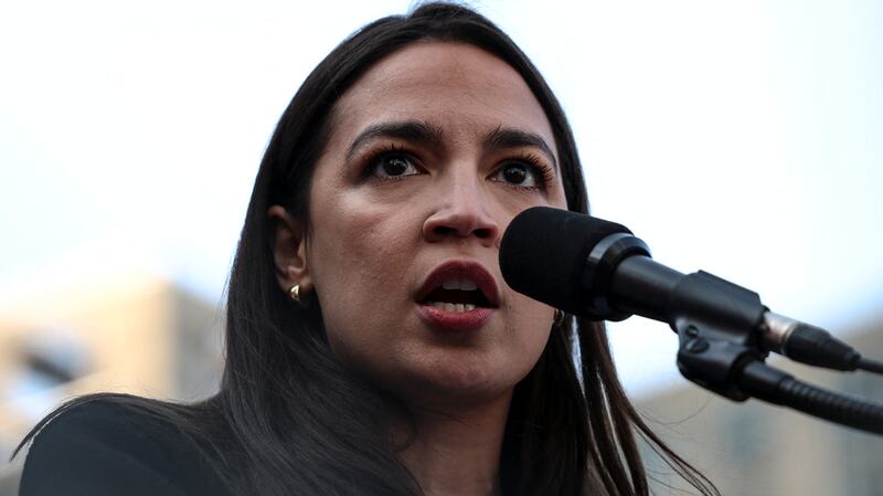 Representative Alexandria Ocasio-Cortez (D-NY) speaks during a May Day rally in New York City.