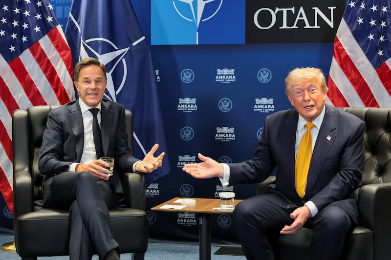 U.S. President Donald Trump and NATO Secretary General Mark Rutte hold a bilateral meeting on the sidelines of the NATO leaders' summit at the Bestepe Presidential Compound in Ankara, Turkey, July 8, 2026.