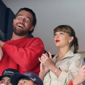 SUNRISE, FLORIDA - JUNE 12: Travis Kelce, left, and Taylor Swift react as the Edmonton Oilers and the Florida Panthers play during the first period in Game Four of the 2025 Stanley Cup Final at Amerant Bank Arena on June 12, 2025 in Sunrise, Florida. (Photo by Bruce Bennett/Getty Images)