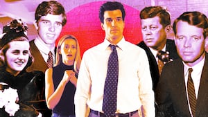 A photo illustration of Sarah Pidgeon as Carolyn Bessette, Paul Anthony Kennedy as JFK Jr, JFK, RFK, Michael Kennedy and Kathleen "Kick" Kennedy.