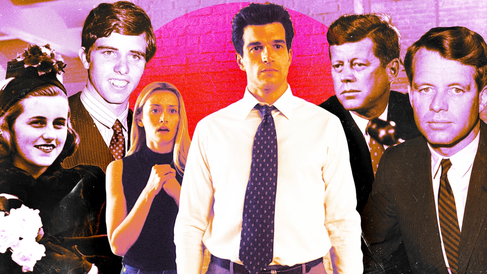 A photo illustration of Sarah Pidgeon as Carolyn Bessette, Paul Anthony Kennedy as JFK Jr, JFK, RFK, Michael Kennedy and Kathleen "Kick" Kennedy.