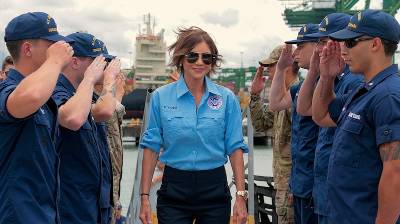 PANAMA CITY, PANAMA - JUNE 24: U.S. Homeland Security Secretary Kristi Noem boards the U.S. Coast Guard Cutter Escanaba for a meeting on drug interdiction on June 24, 2025 in Panama City, Panama. Noem is traveling to several Central American countries where she will meet with political leaders and to learn about immigration programs and facilities backed by the U.S. Department of Homeland Security in the region. (Photo by Anna Moneymaker/Getty Images)