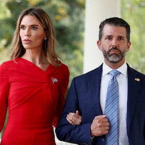Donald Trump Jr. and Bettina Anderson attend a ceremony held by U.S. President Donald Trump to award posthumously the Medal of Freedom to Charlie Kirk in the Rose Garden at the White House in Washington, D.C., U.S., October 14, 2025. REUTERS/Kevin Lamarque