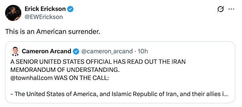 Conservative Erick Erickson calls Trump's deal with Iran "an American surrender."