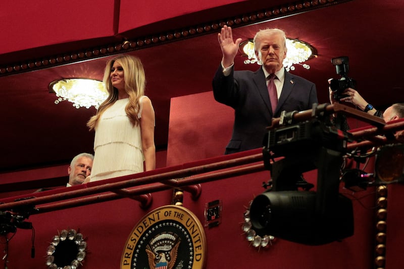 U.S. President Donald Trump and first lady Melania Trump attend the opening night of 'Chicago' at the John F. Kennedy Memorial Center for the Performing Arts, renamed by the Trump administration to The Donald J. Trump and The John F. Kennedy Memorial Center for the Performing Arts, in Washington, D.C., U.S., March 31, 2026. REUTERS/Evan Vucci