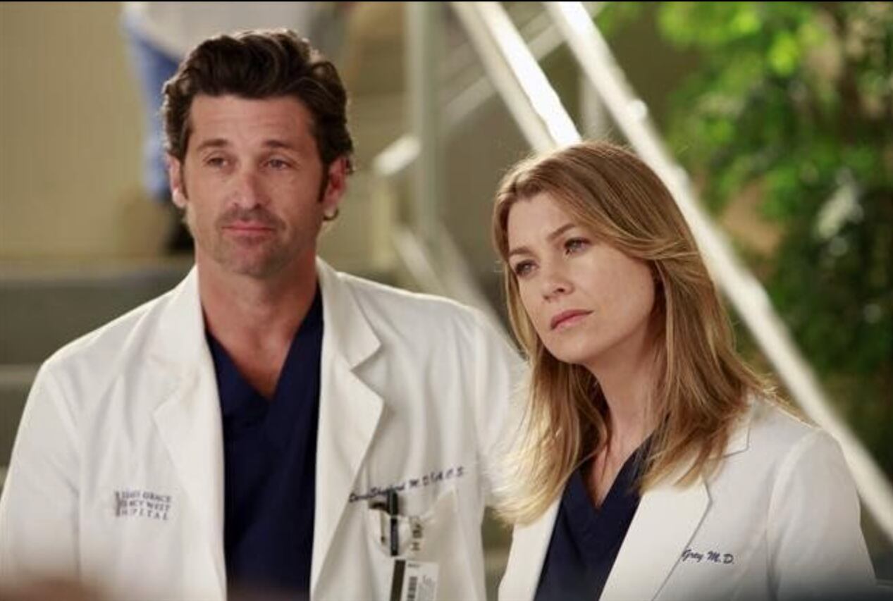 Patrick Dempsey and Ellen Pompeo as Derek Shepherd and Meredith Grey in Grey's Anatomy.