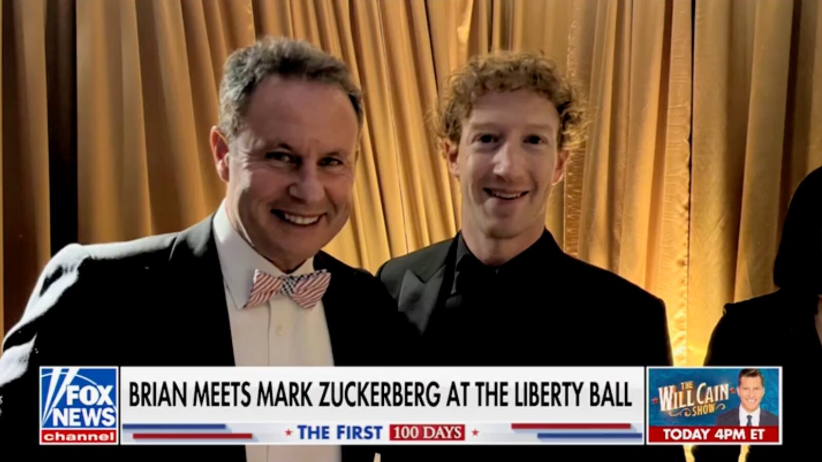 Brian Kilmeade and Mark Zuckerberg are shown together backstage at the Liberty Ball during the January 21, 2025 broadcast of Fox & Friends.