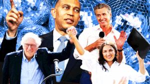 Gavin Newsome, Alexandria Ocasio Cortez, Hakeem Jeffries, and Bernie Sanders in front of blue disco balls