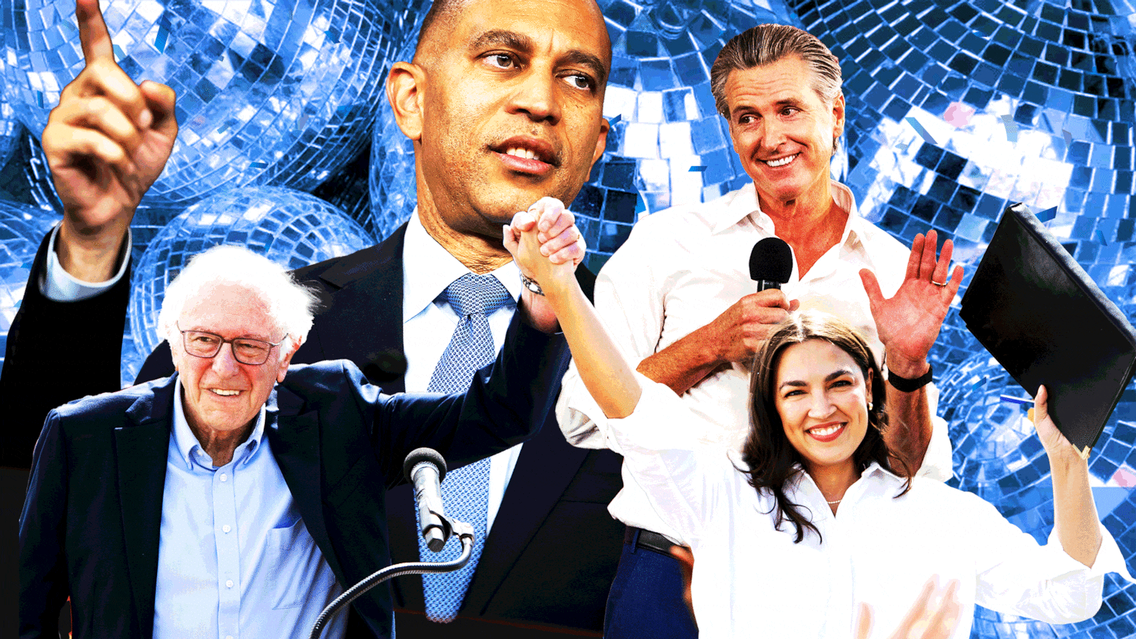 Gavin Newsome, Alexandria Ocasio Cortez, Hakeem Jeffries, and Bernie Sanders in front of blue disco balls