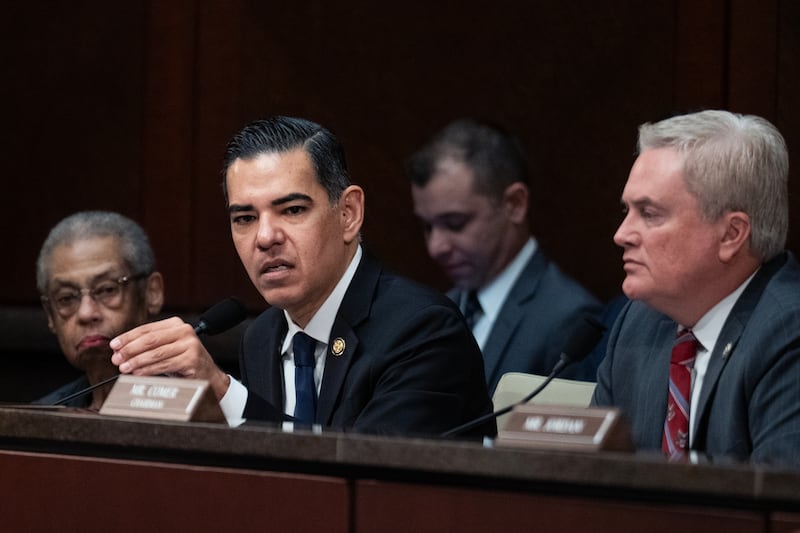 Ranking member Rep. Robert Garcia speaks during the House Oversight Committee markup on contempt of Congress resolutions for Bill and Hillary Clinton for failing to comply with the committee's subpoena where he urged the chairman next to him to keep trying to interview Clinton rather than move forward with contempt proceedings.