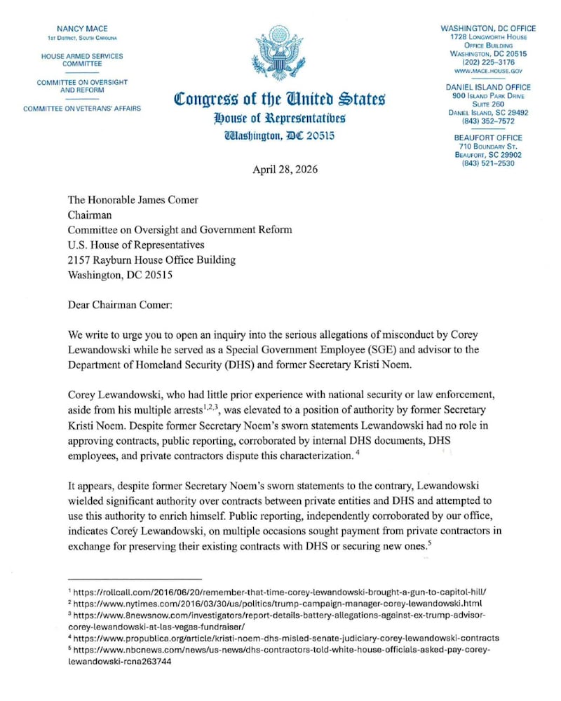 Nancy Mace's letter to the Oversight Committee regarding allegations of corruption at DHS involving Corey Lewandowski.