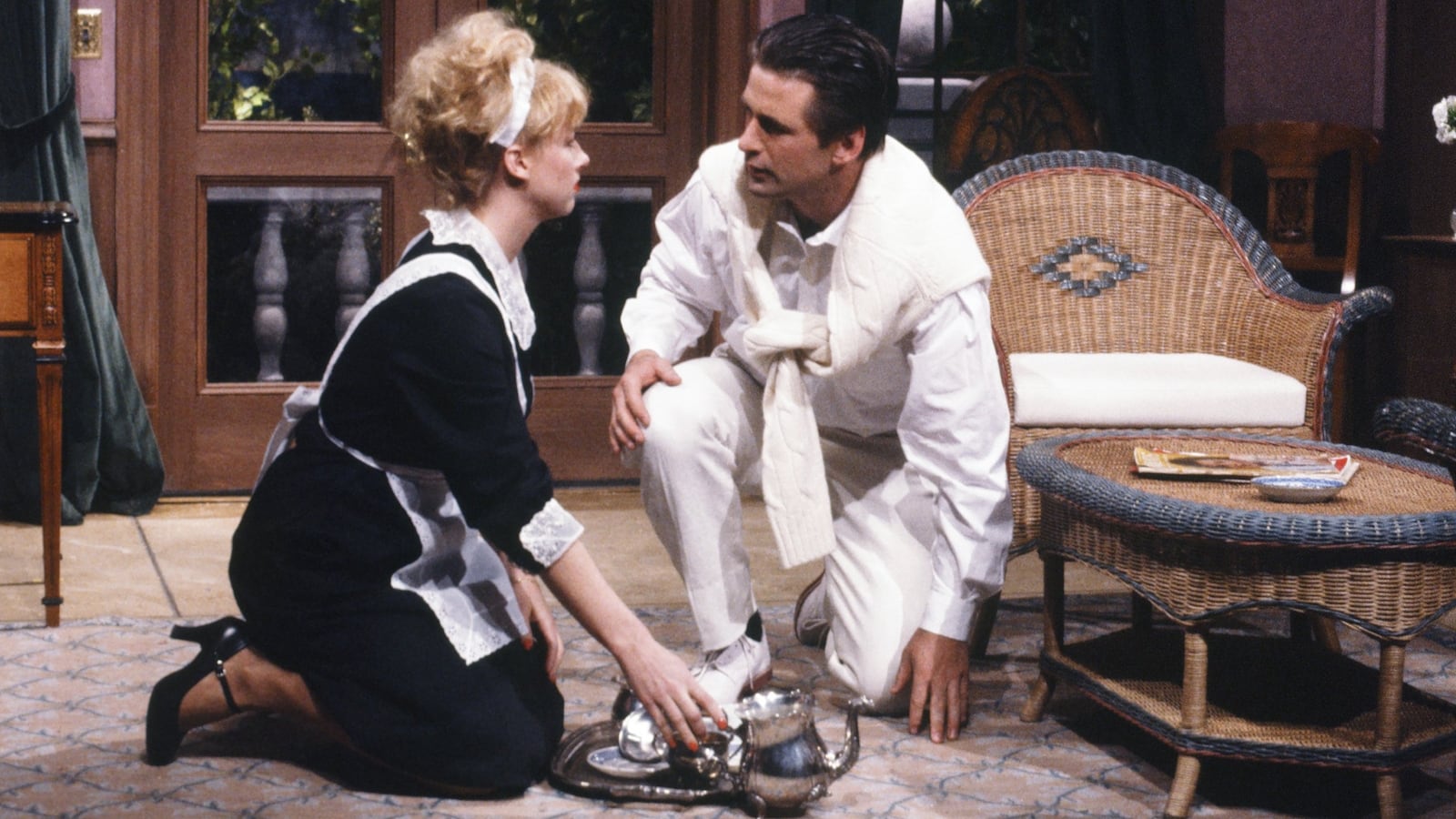 SATURDAY NIGHT LIVE -- Episode 18 -- Pictured: (l-r) Victoria Jackson as maid, Alec Baldwin as Mr. Cherrywood during "Greenhilly" skit on April 21, 1990 -- Photo by: Alan Singer/NBCU Photo Bank