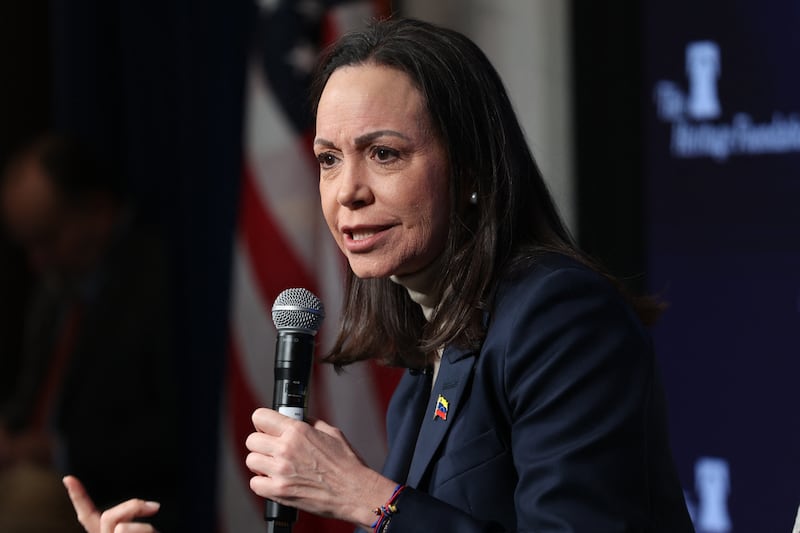 Venezuelan opposition leader and Nobel Peace Prize winner Maria Corina Machado speaks during a news conference at the Heritage Foundation headquarters in Washington, DC on January 16, 2026.