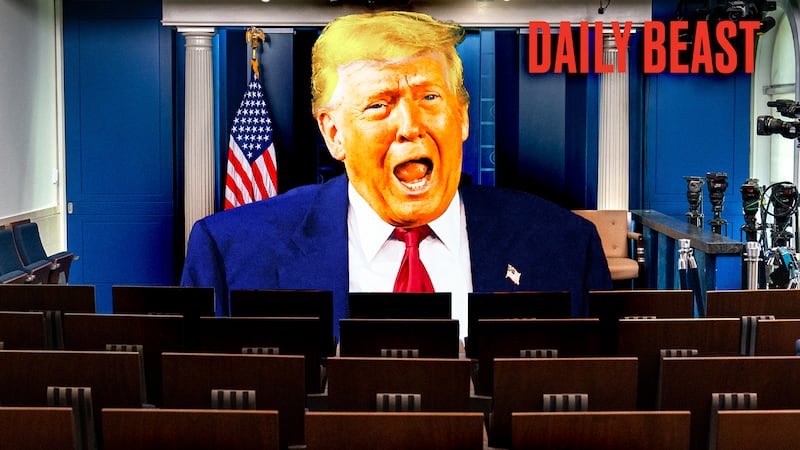 A photo illustration of Donald Trump and an empty James Brady press briefing room at the White House.