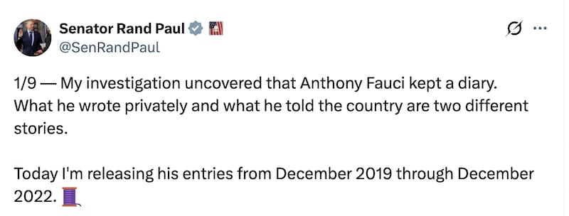 Senator Rand Paul announces the release of thousands of pages of Anthony Fauci's diary.