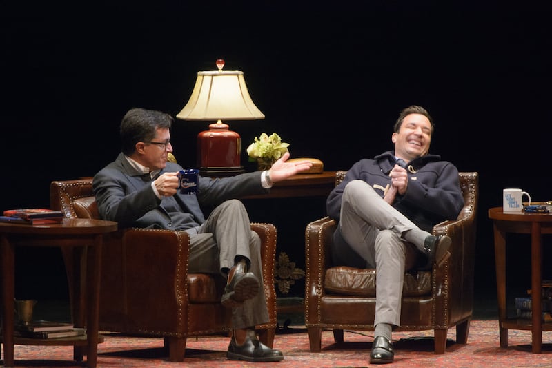 Stephen Colbert(L) and Jimmy Fallon(R)