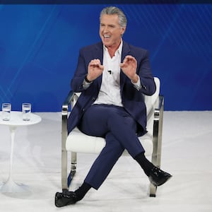 NEW YORK, NEW YORK - DECEMBER 03: New York Times columnist Andrew Ross Sorkin and California Gov. Gavin Newsom during the 2025 New York Times Dealbook Summit at Jazz at Lincoln Center on December 03, 2025 in New York City. NYT columnist Sorkin hosted the annual Dealbook summit which brings together business and government leaders to discuss the most important stories across business, politics and culture.  (Photo by Michael M. Santiago/Getty Images)
