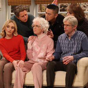 Chloe Fineman, James Austin Johnson, Sarah Sherman as Grandma, Bowen Yang, Mikey Day and Ashley Padilla on SNL