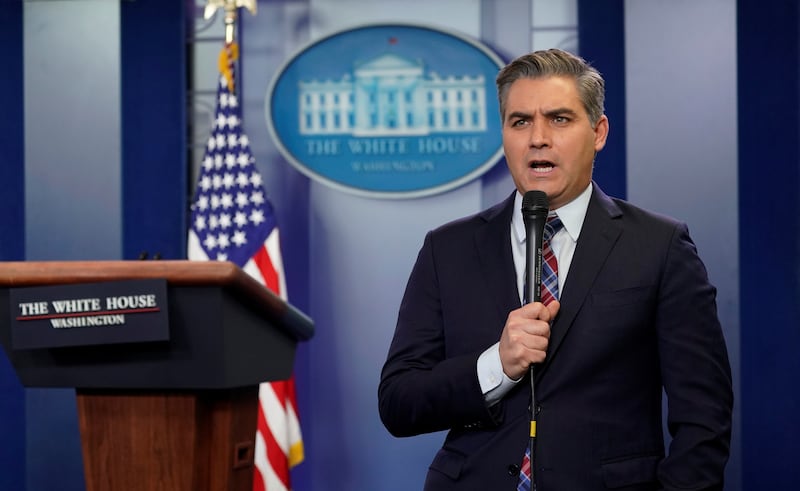 CNN correspondent Jim Acosta at work following a press briefing at the White House in Washington, U.S., November 27, 2018.