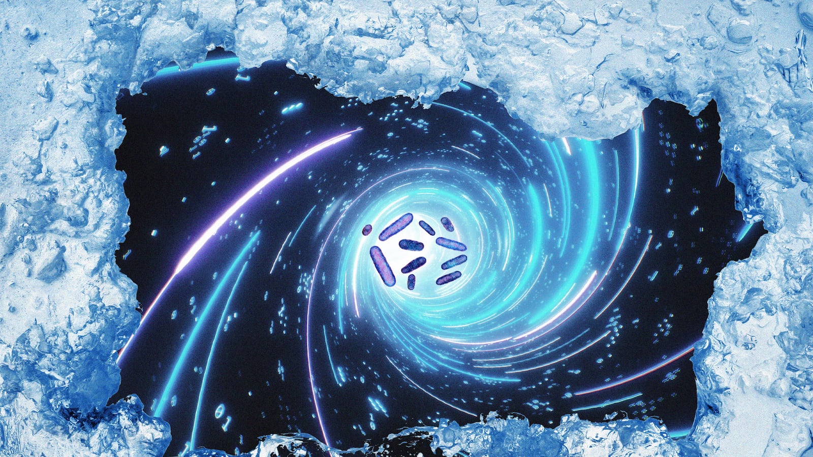 An illustration including photos of Time Travel, Ice, and Bacteria