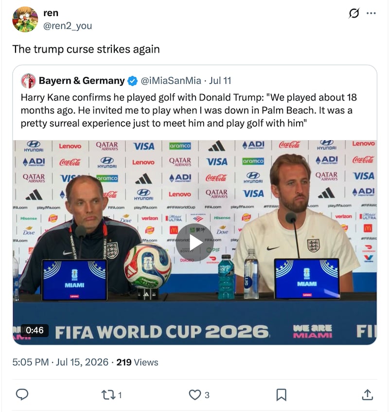 X users commented on a "Trump curse" after England's loss.
