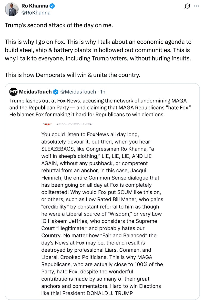 Ro Khanna posts about Donald Trump attacking him twice on Sunday.