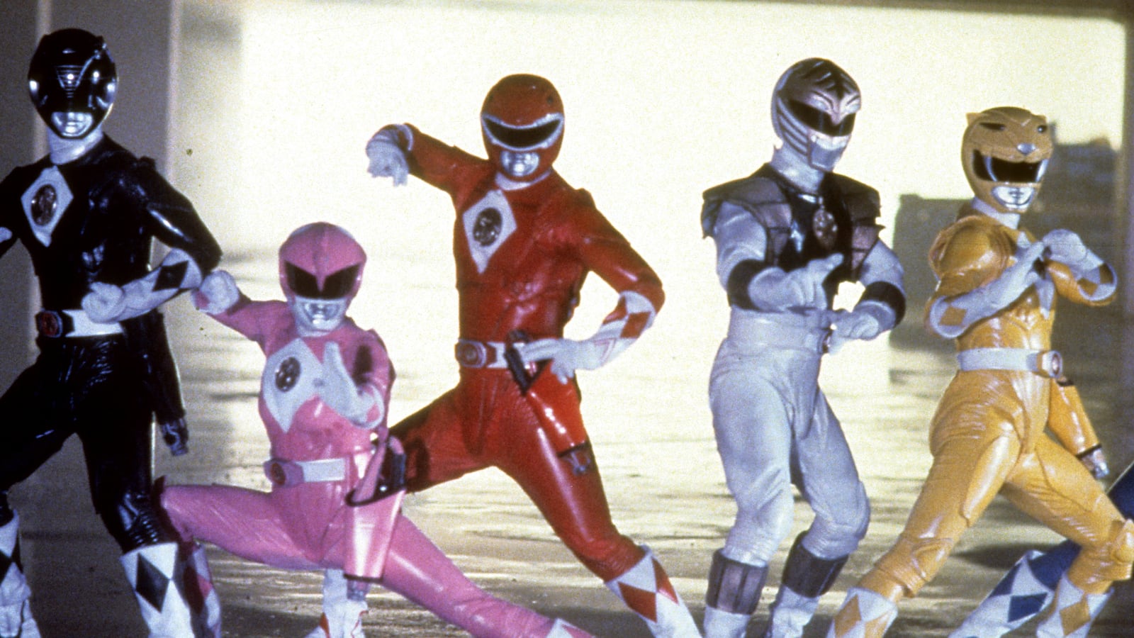 The rangers prepares to battle in a scene from the television series 'Mighty Morphin' Power Rangers', Circa 1993.