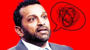 A photo illustration of Kash Patel and a word salad.