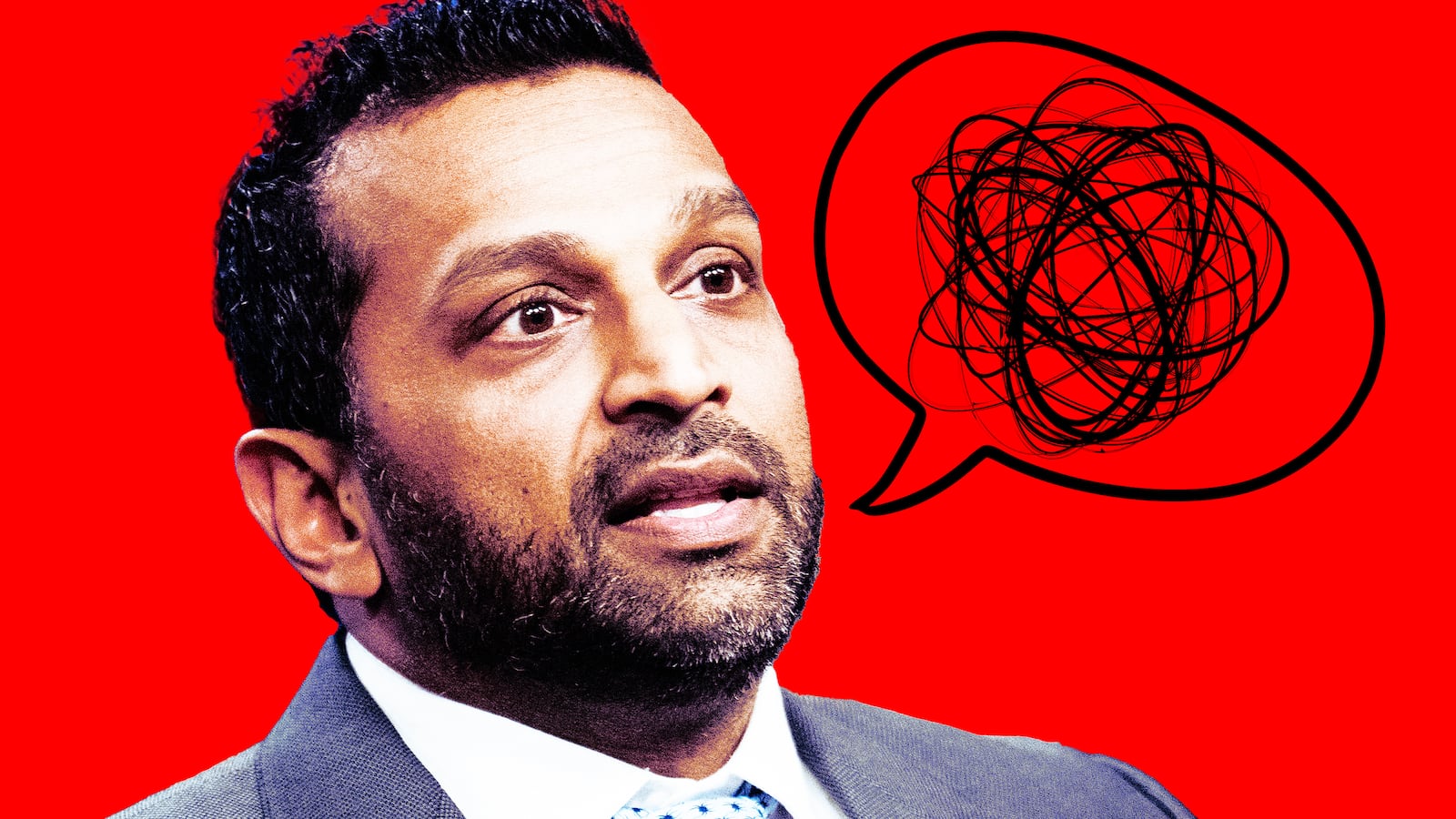 A photo illustration of Kash Patel and a word salad.
