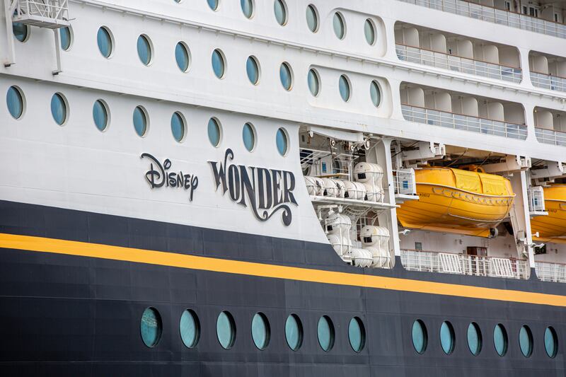 SAN DIEGO, CALIFORNIA - APRIL 11: General view of the cruise ship Disney Wonder as entertainment venues remain closed due to coronavirus on April 11, 2020 in San Diego, California.  The entertainment industry has been hit hard by the restrictions in response to the outbreak of COVID-19. (Photo by Daniel Knighton/Getty Images)