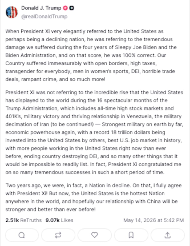 Trump claimed he knew what XI Jinping was talking about when he suggested a U.S. in decline.