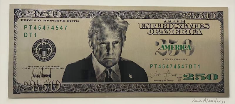 A mock-up design of a proposed $250 bill featuring the president’s face and signature