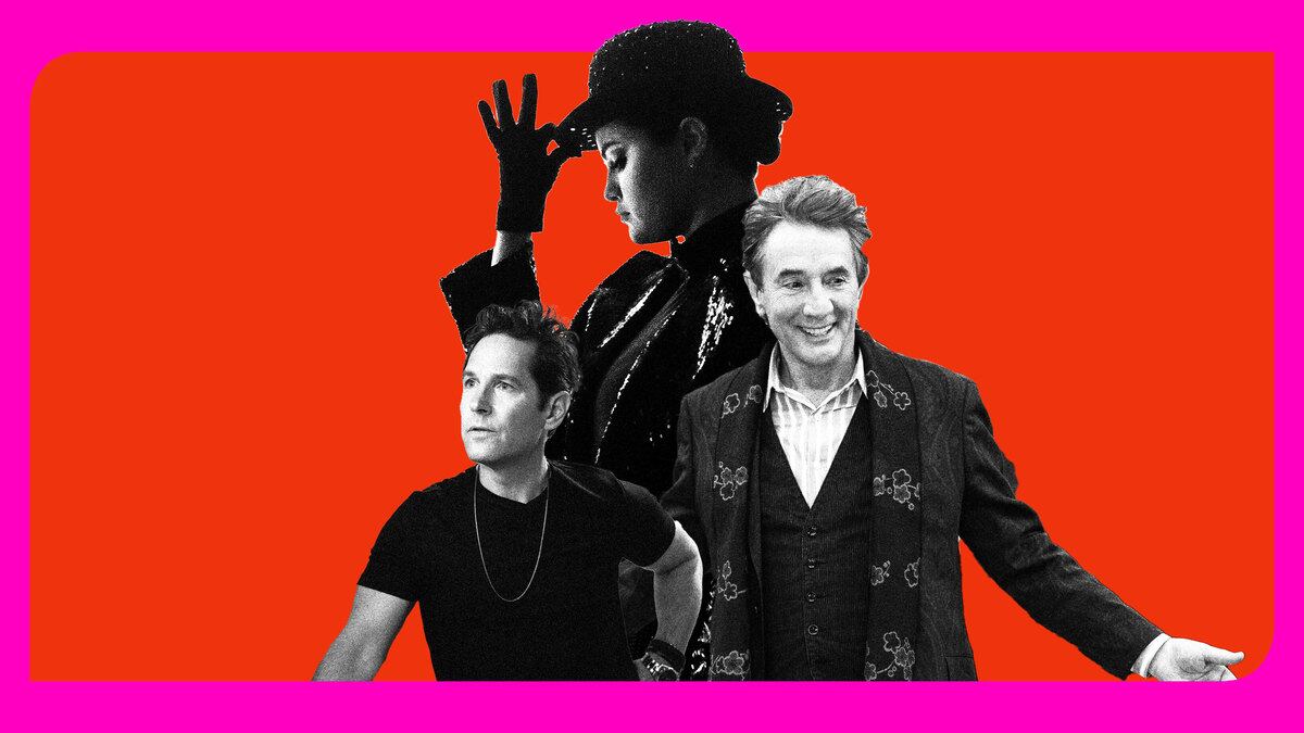 Photo illustration of Selena Gomez, Paul Rudd, and Martin Short from Only Murders in the Building season 2 collaged on a red and pink background.