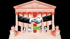 Supreme Court with hands shaking and passing money