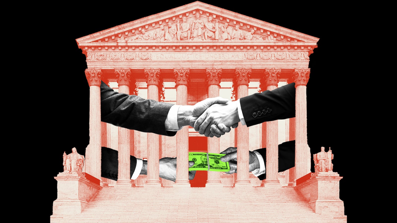 Supreme Court with hands shaking and passing money