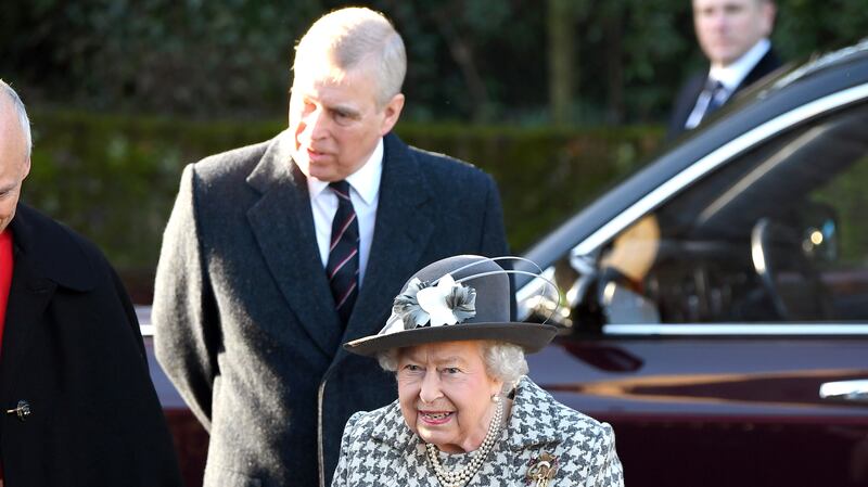 KING'S LYNN, ENGLAND - JANUARY 19: Queen Elizabeth II and Prince Andrew, Duke of York attend church at St Mary the Virgin church at Hillington in Sandringham on January 19, 2020 in King's Lynn, England. (Photo by Karwai Tang/WireImage)