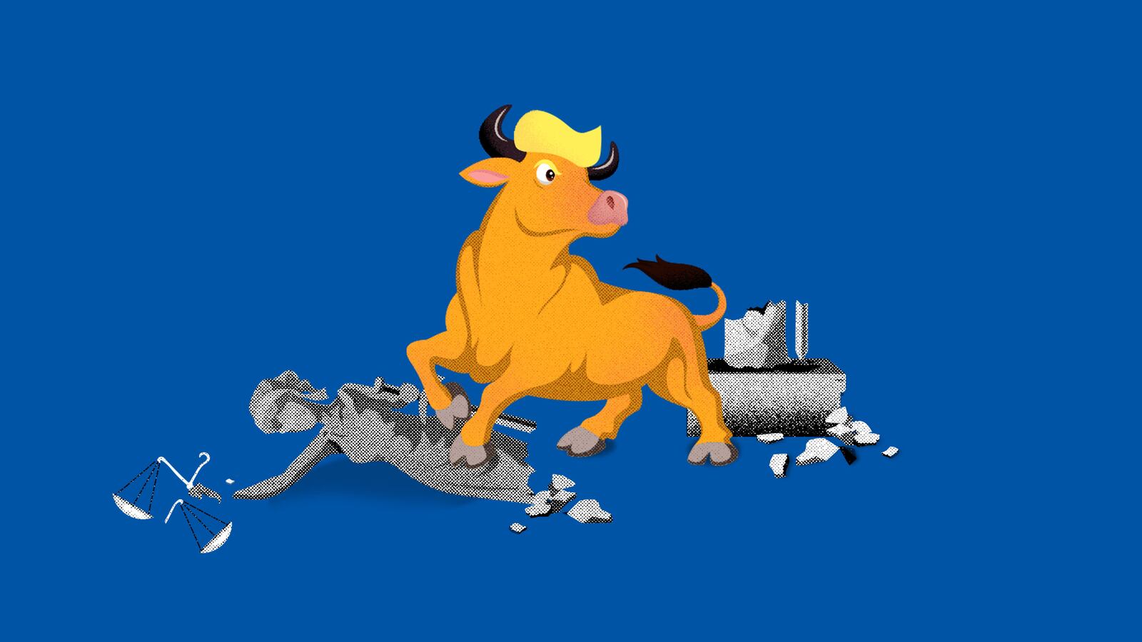 An illustration of an orange bull with Donald Trump hair standing over a a broken statue of justice