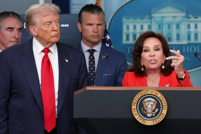 President Donald Trump, U.S. Secretary of the Interior Doug Burgum and U.S. Defense Secretary Pete Hegseth look on as U.S. Attorney for the District of Columbia Jeanine Pirro speaks during a press conference in the Press Briefing Room at the White House, in Washington D.C., U.S., August 11, 2025.