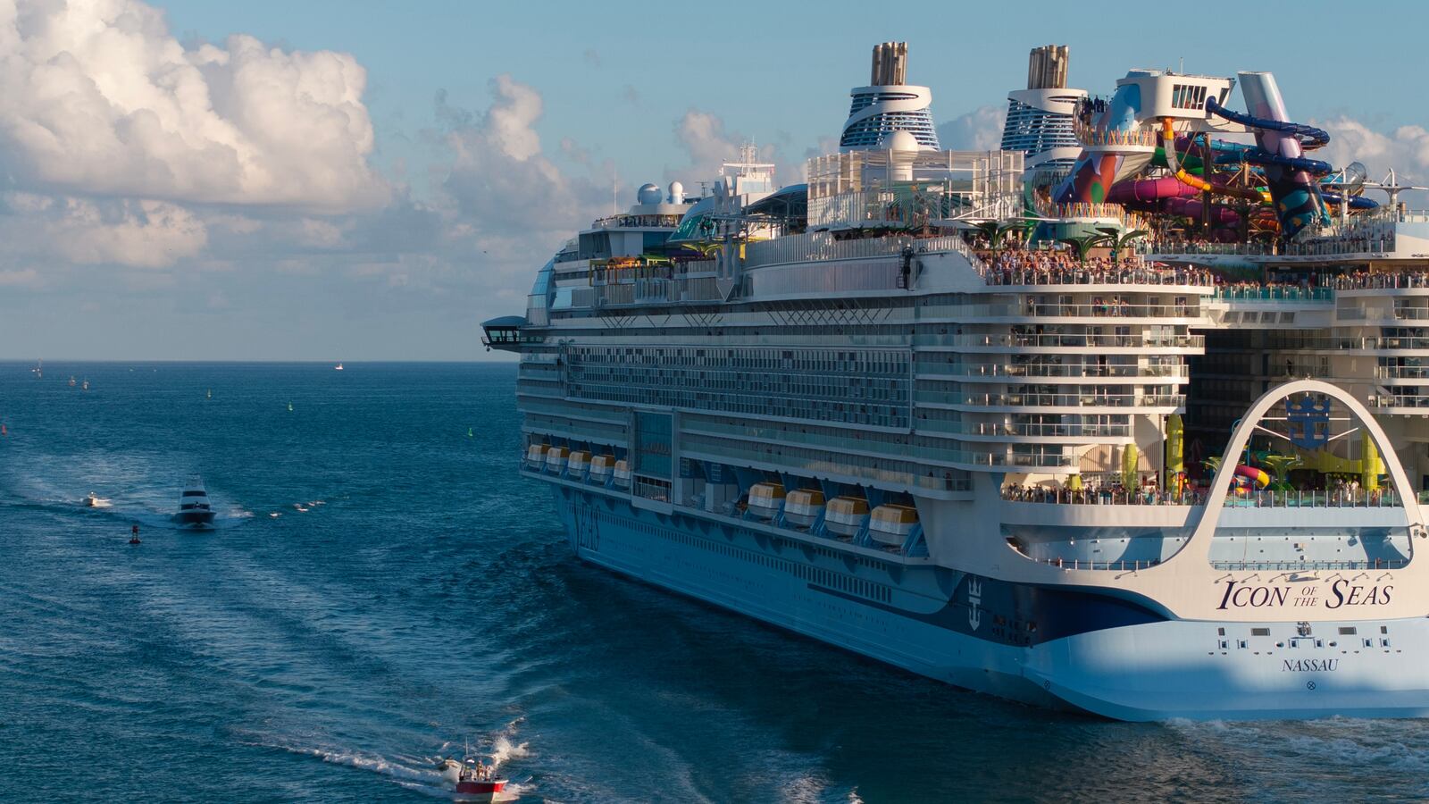 MIAMI, FLORIDA - FEBRUARY 03: In an aerial view, Royal Caribbean's Icon of the Seas, billed as the world's largest cruise ship, heads out to sea for its second voyage from PortMiami on February 03, 2024, in Miami, Florida.