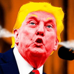 A photo illustration of a red faced angry Donald Trump.