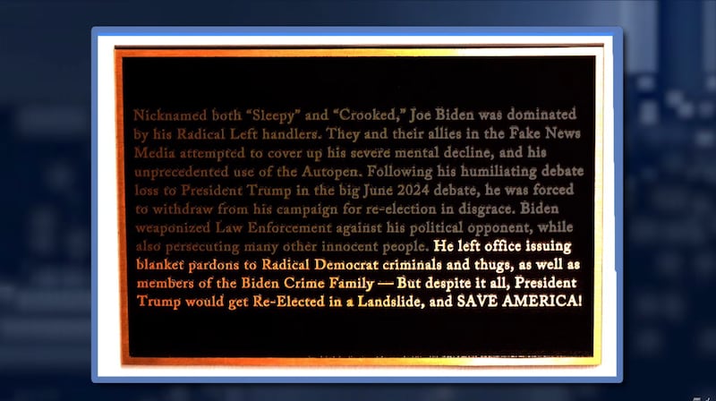 Jimmy Kimmel Live! Photo of Biden's plaque in the Presidential Wall of Fame. (Emphasis Kimmel's.)