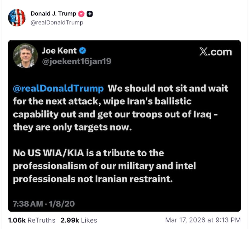 Trump took another shot at Joe Kent after he objected to the Iran war.