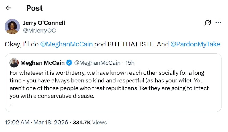 Jerry O'Connell makes an exception to his podcast hiatus replying to a post by Megan McCain.