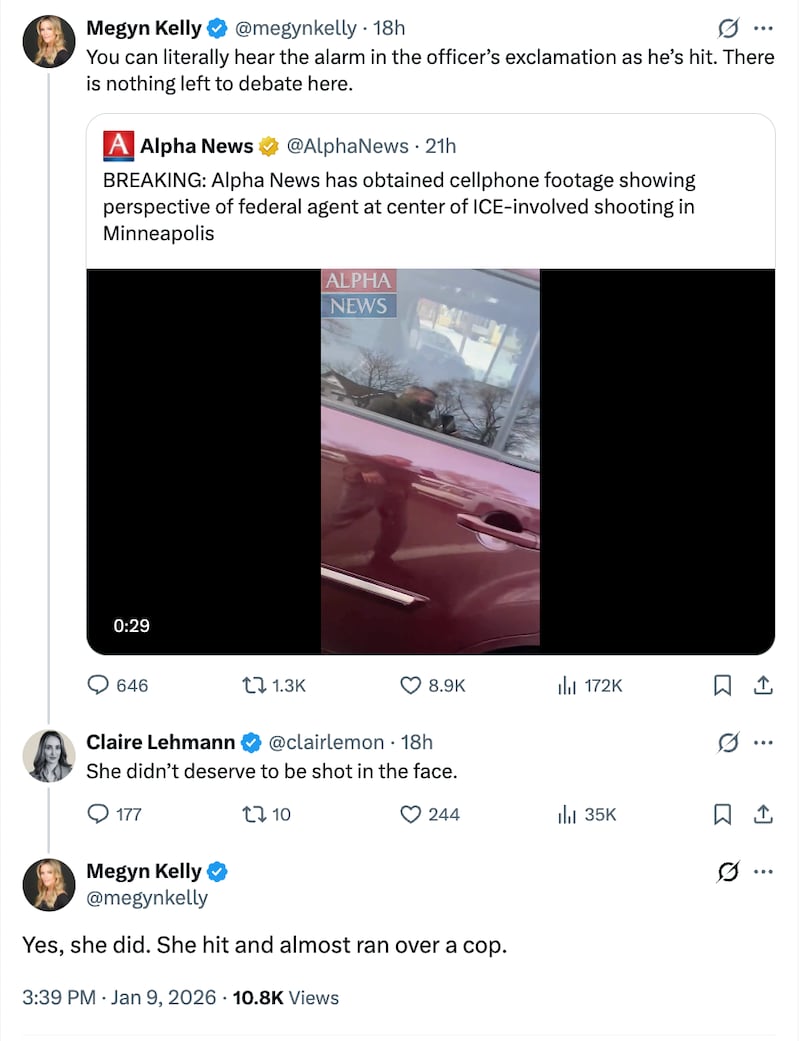 Megyn Kelly responds to anti-woke journalist who said Renee Nicole Good "didn't deserve to be shot in the face." Kelly said: "Yes, she did. She hit and almost ran over a cop."