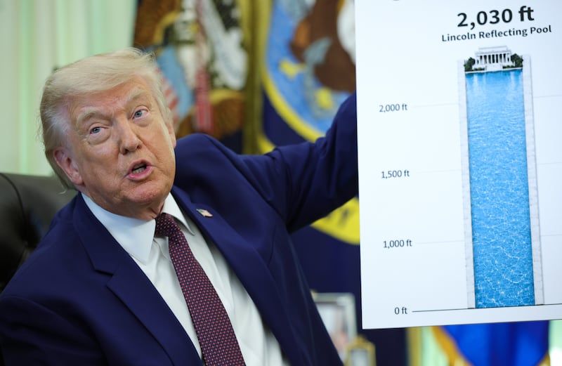 President Donald Trump displays a graph entitled "Our Pool is Bigger than Skyscrapers" as he speaks on his renovations to the Lincoln Memorial Reflecting Pool.