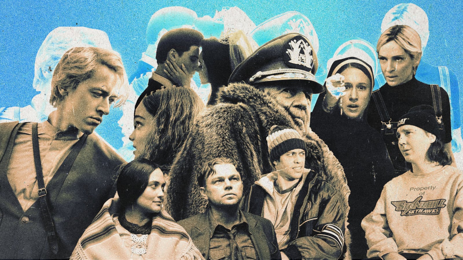 An illustration including photos from the following films, The Nun II, El Conde, The Kill Room, Dumb Money, Dicks: The Musical, Killers of the Flower Moon, Priscilla, and The Hunger Games: The Ballad of Songbirds and Snakes