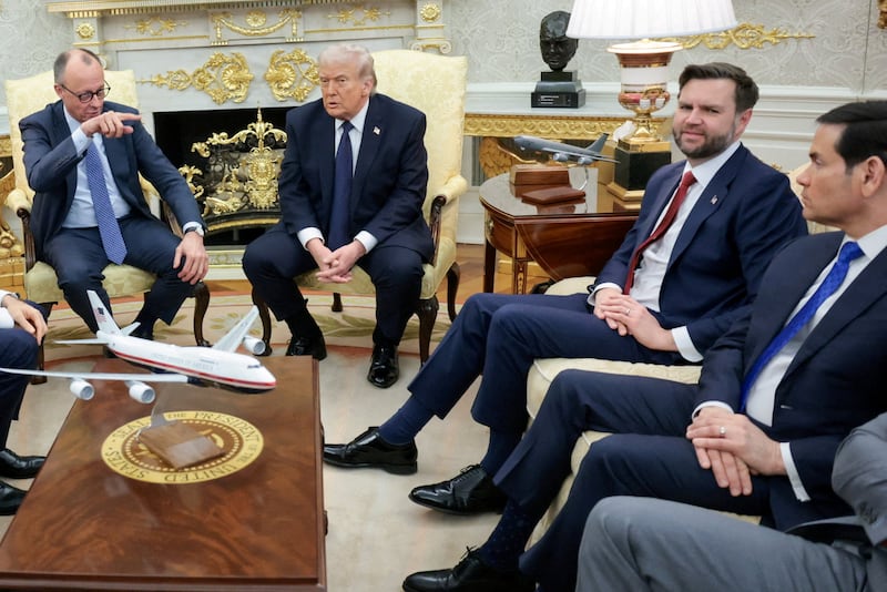 German Chancellor Friedrich Merz speaks during a meeting with U.S. President Donald Trump in the Oval Office, next to U.S. Vice President JD Vance and Secretary of State Marco Rubio, at the White House in Washington, D.C., U.S., March 3, 2026.